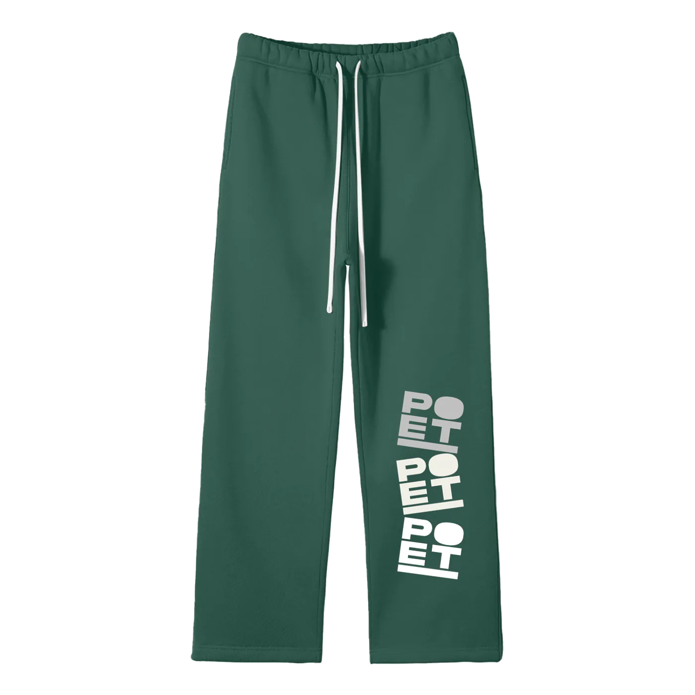 Green sweatpants with 'POET' text on a white background