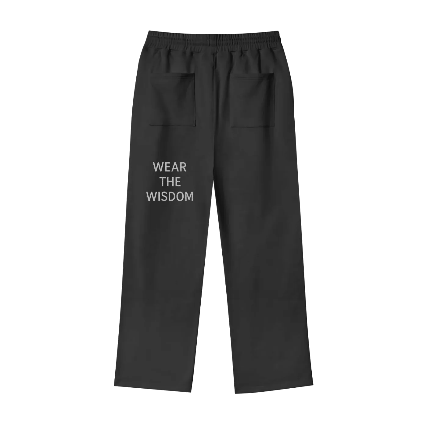 Black pants with 'Wear the Wisdom' text on a white background
