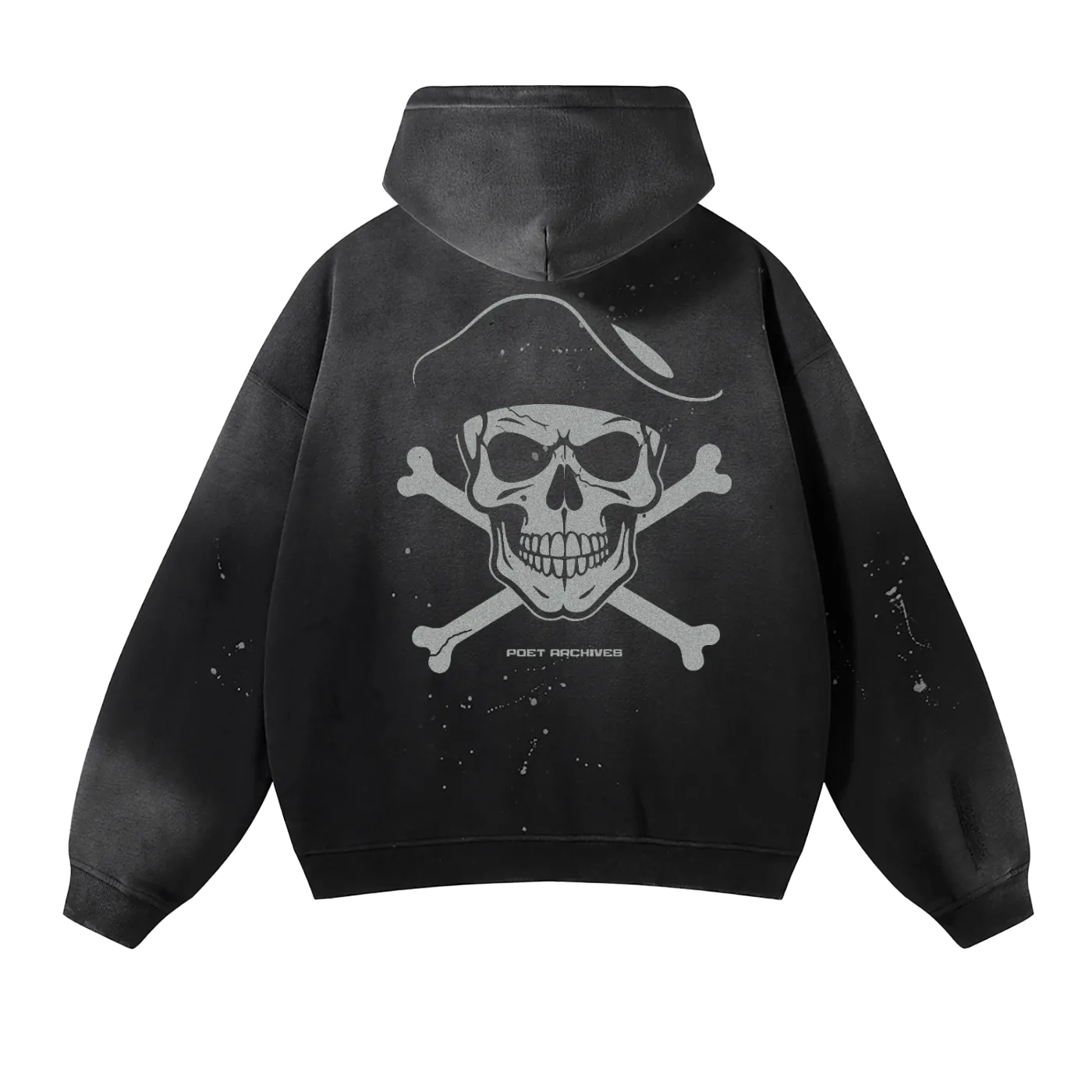 Black hoodie with skull and crossbones design on the back, brand 'Arcade' visible.