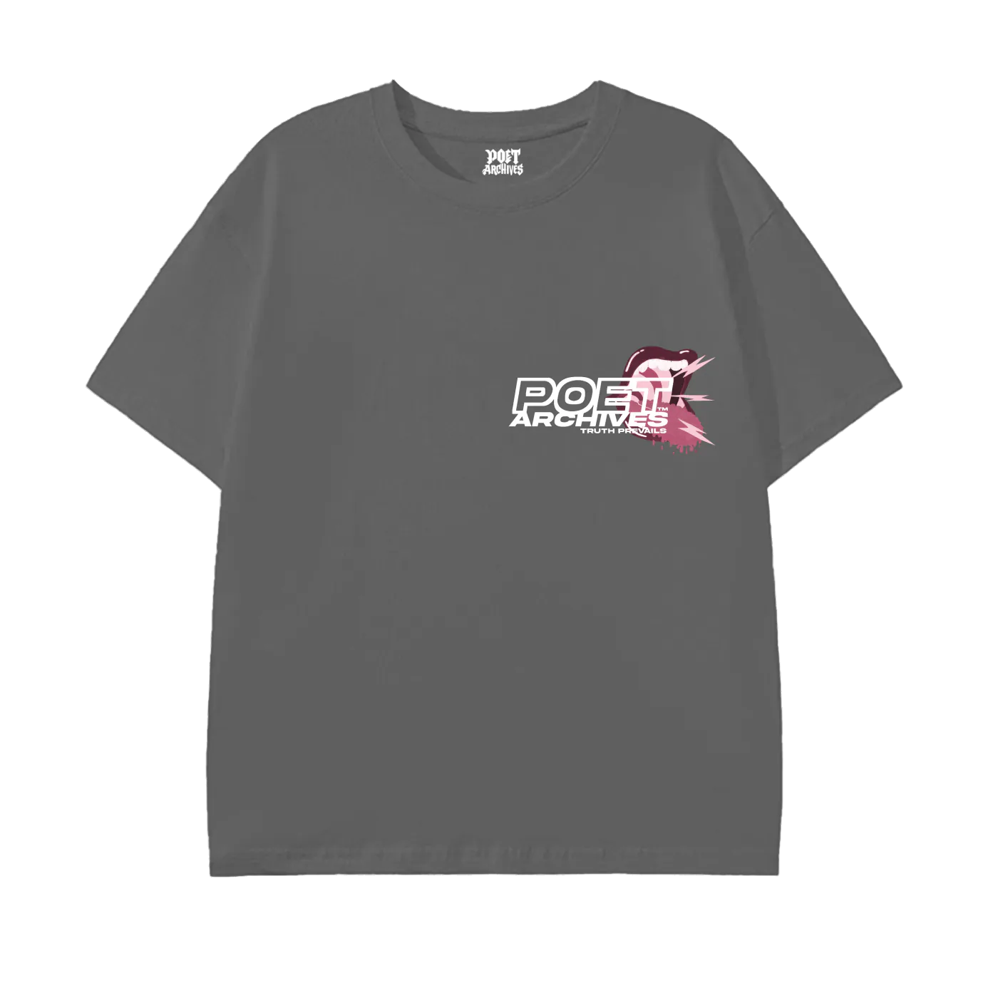 Gray t-shirt with 'POET ARCHIVES' logo on a white background