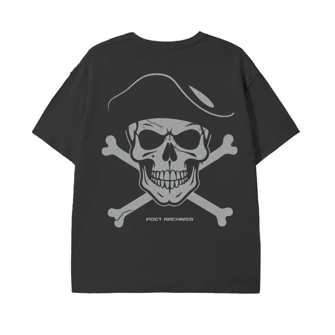 Black t-shirt with skull and crossbones design on a white background