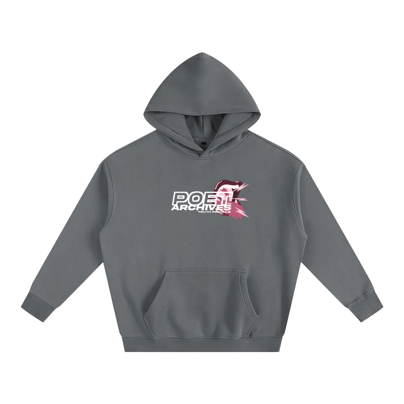Gray hoodie with a logo on a white background