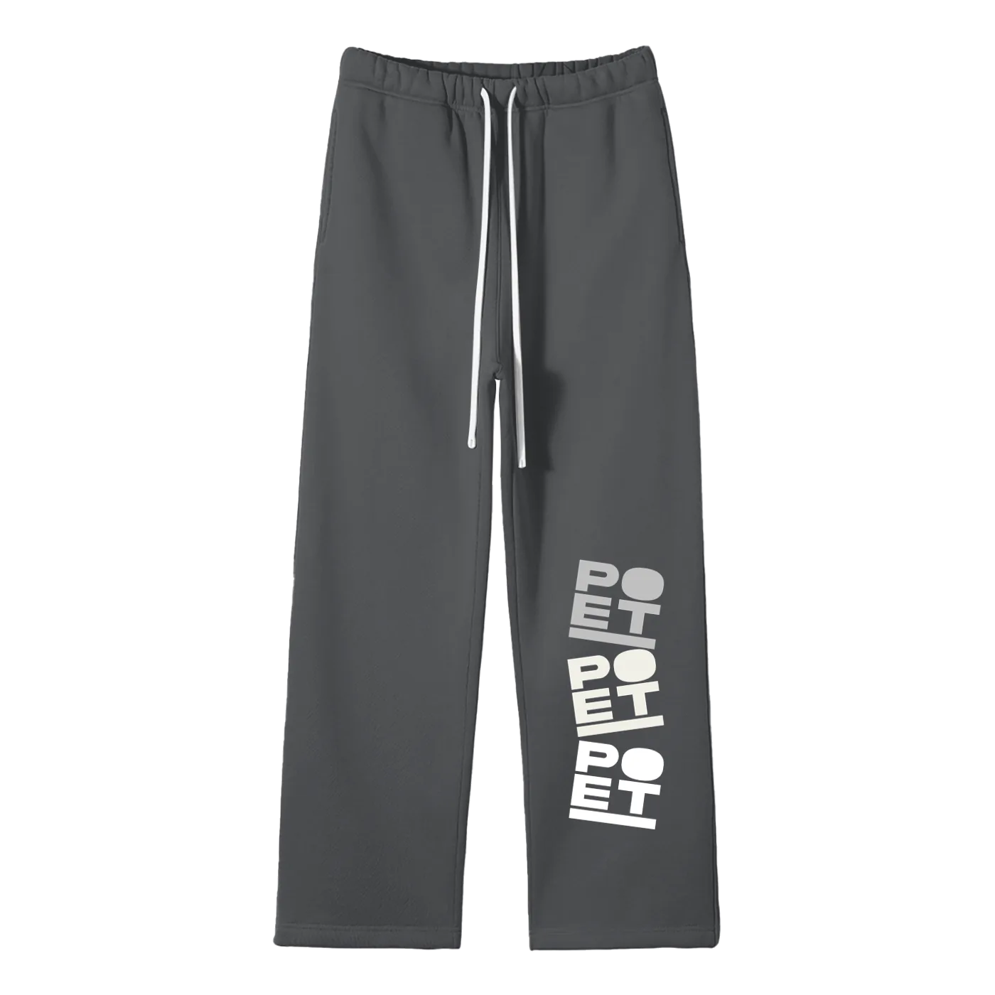 Gray sweatpants with 'POET' text on a white background