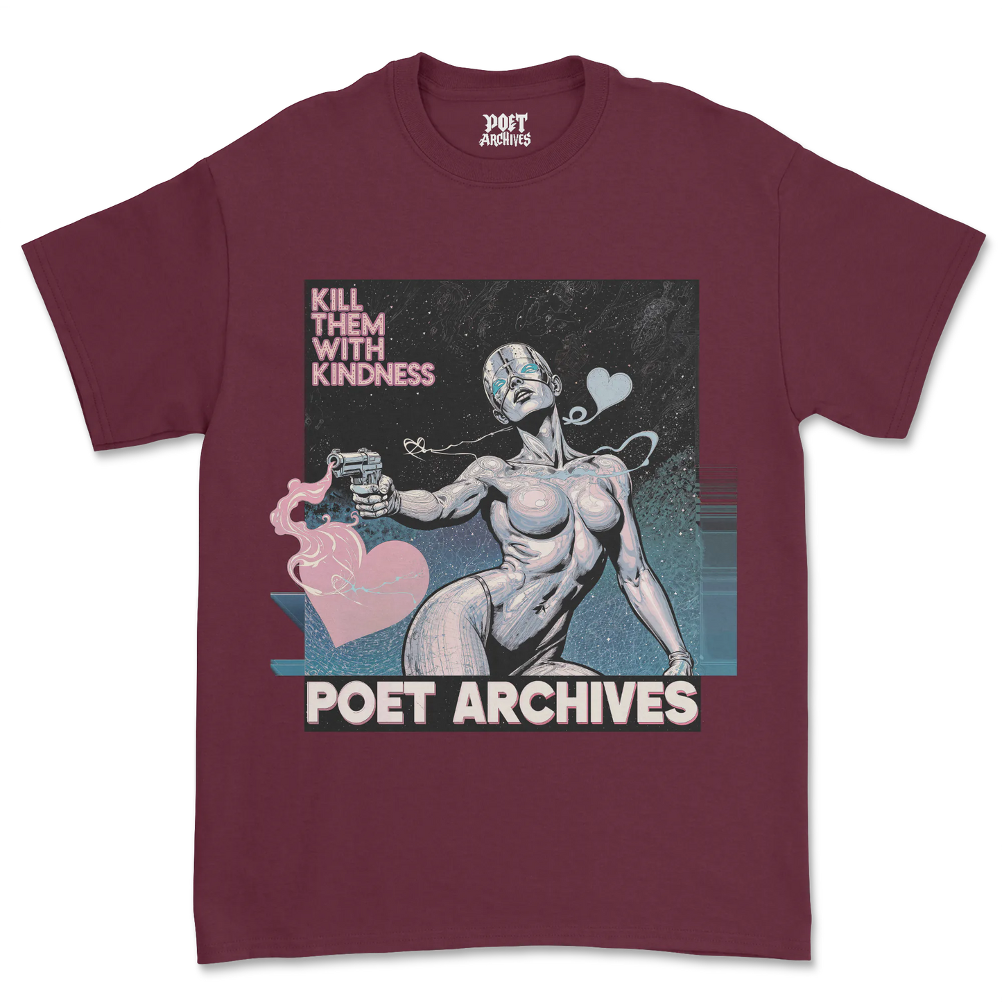 Side angle of Kill Them With Kindness T-Shirt, highlighting the sleek fit and striking monochrome female figure design with heart symbol. Unique blend of vintage comic vibes and modern street fashion.
