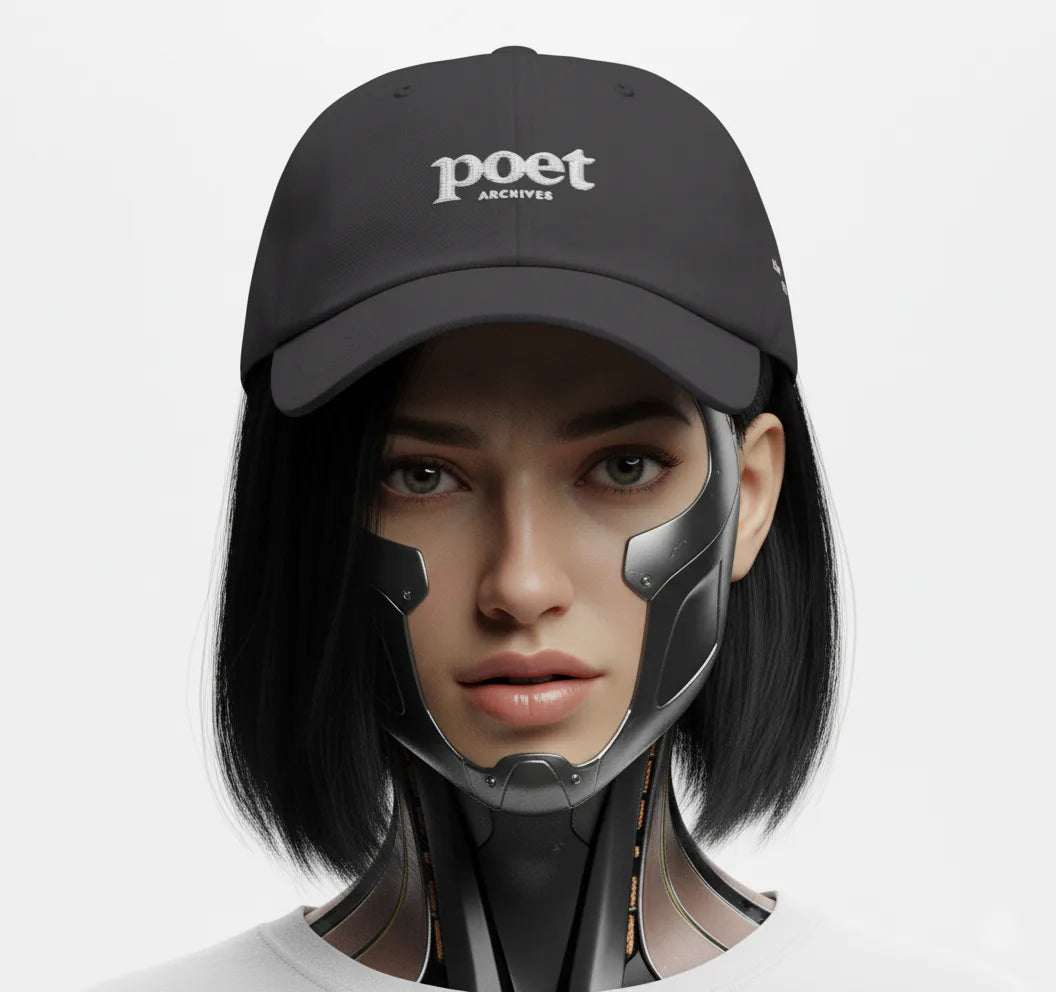 Person wearing a black cap with 'poet archives' text and a futuristic helmet on a white background