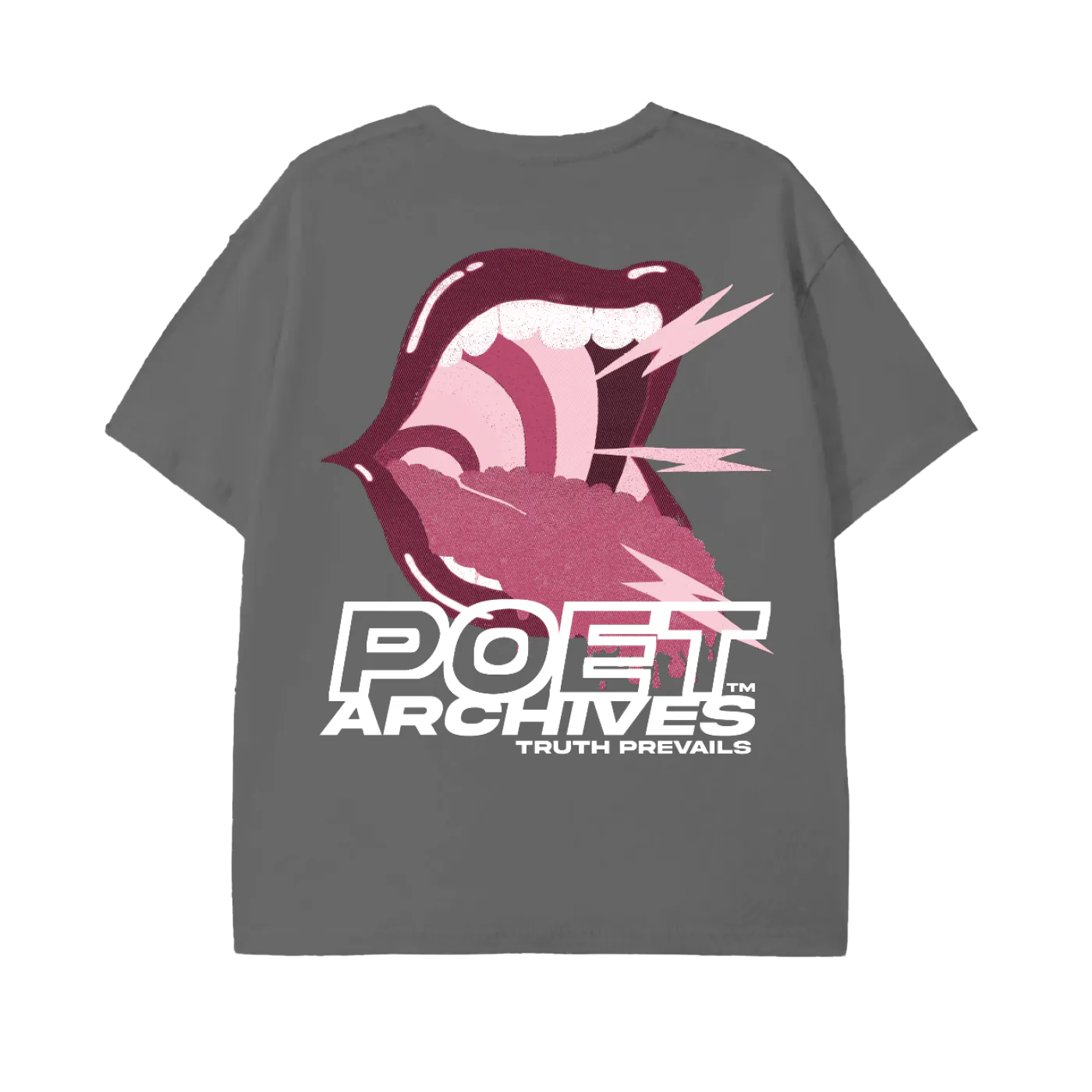 Gray t-shirt with a graphic design and 'POET ARCHIVES' text on a white background