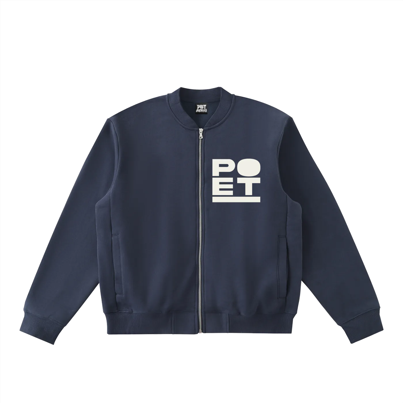 Navy blue jacket with 'POET' logo on a white background