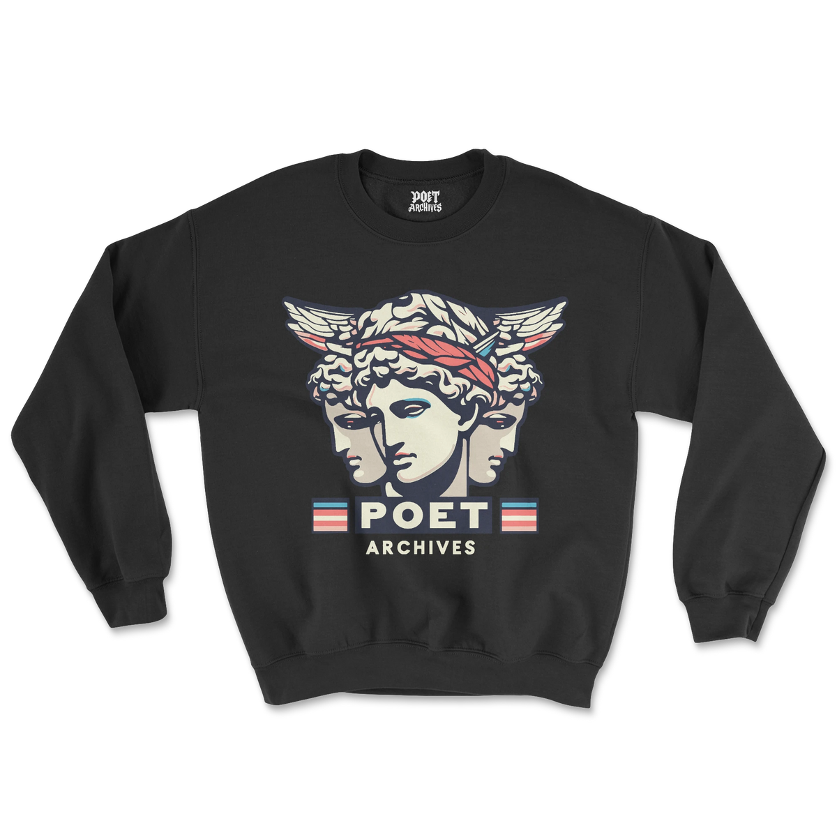 Close-up of the Hermes stylized face and bust graphic printed on a gray sweatshirt, from Poet Archives