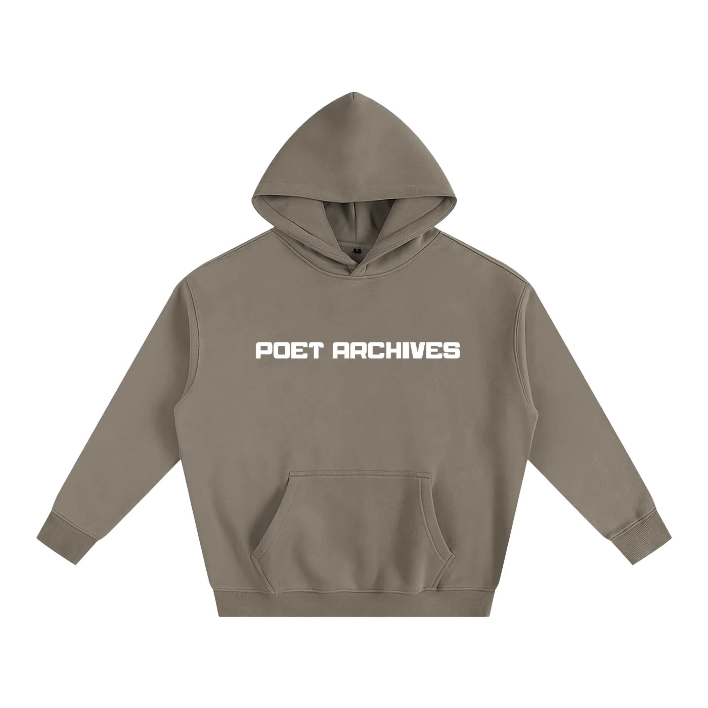 Brown hoodie with 'POET ARCHIVES' text on a white background