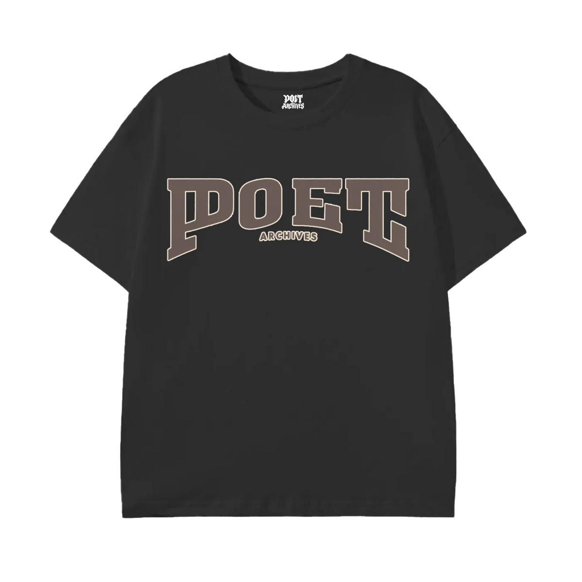 A black short-sleeve t-shirt with a graphic on the chest reading 'POET' in arched varsity-style letters with a brown-to-beige gradient outline, and 'ABOLISH' printed below in small block letters. The neck label also shows the brand 'POET APPAREL'.