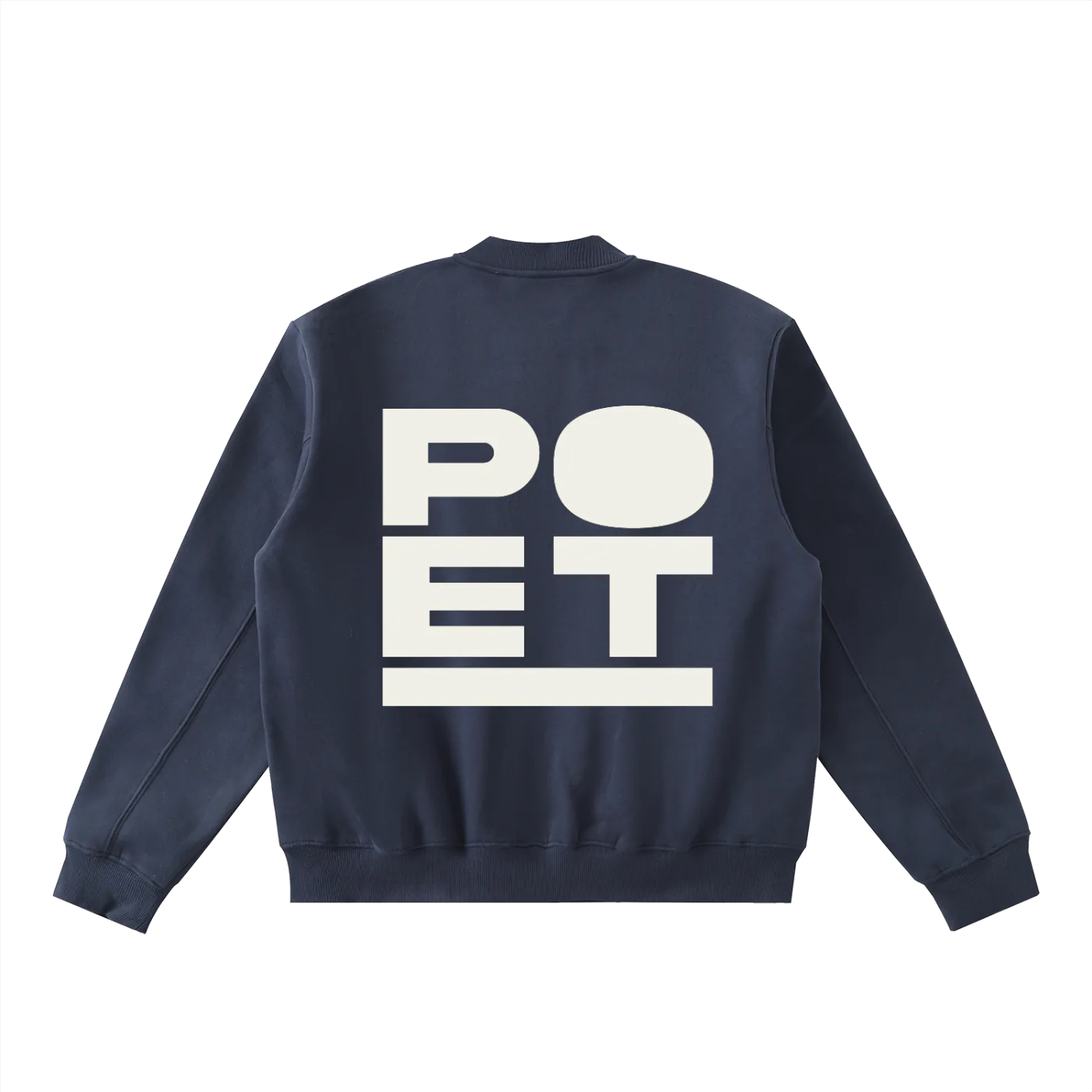 Navy blue sweatshirt with 'POET' printed on the back against a white background