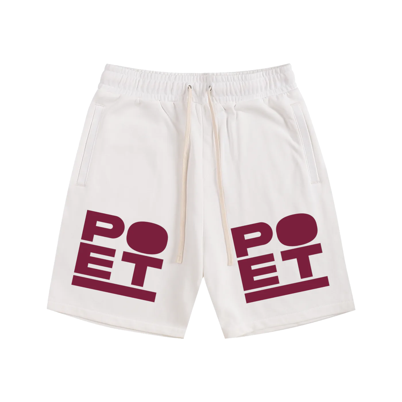 White shorts with maroon 'POET' text on a white background