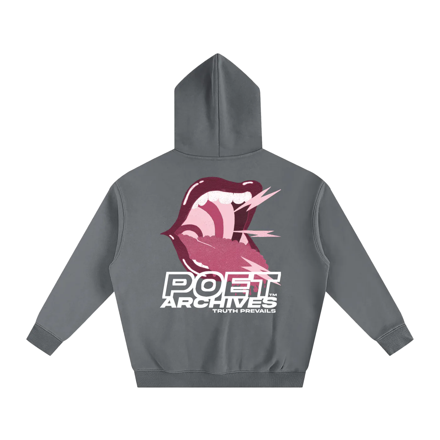Gray hoodie with a graphic design on the back on a white background