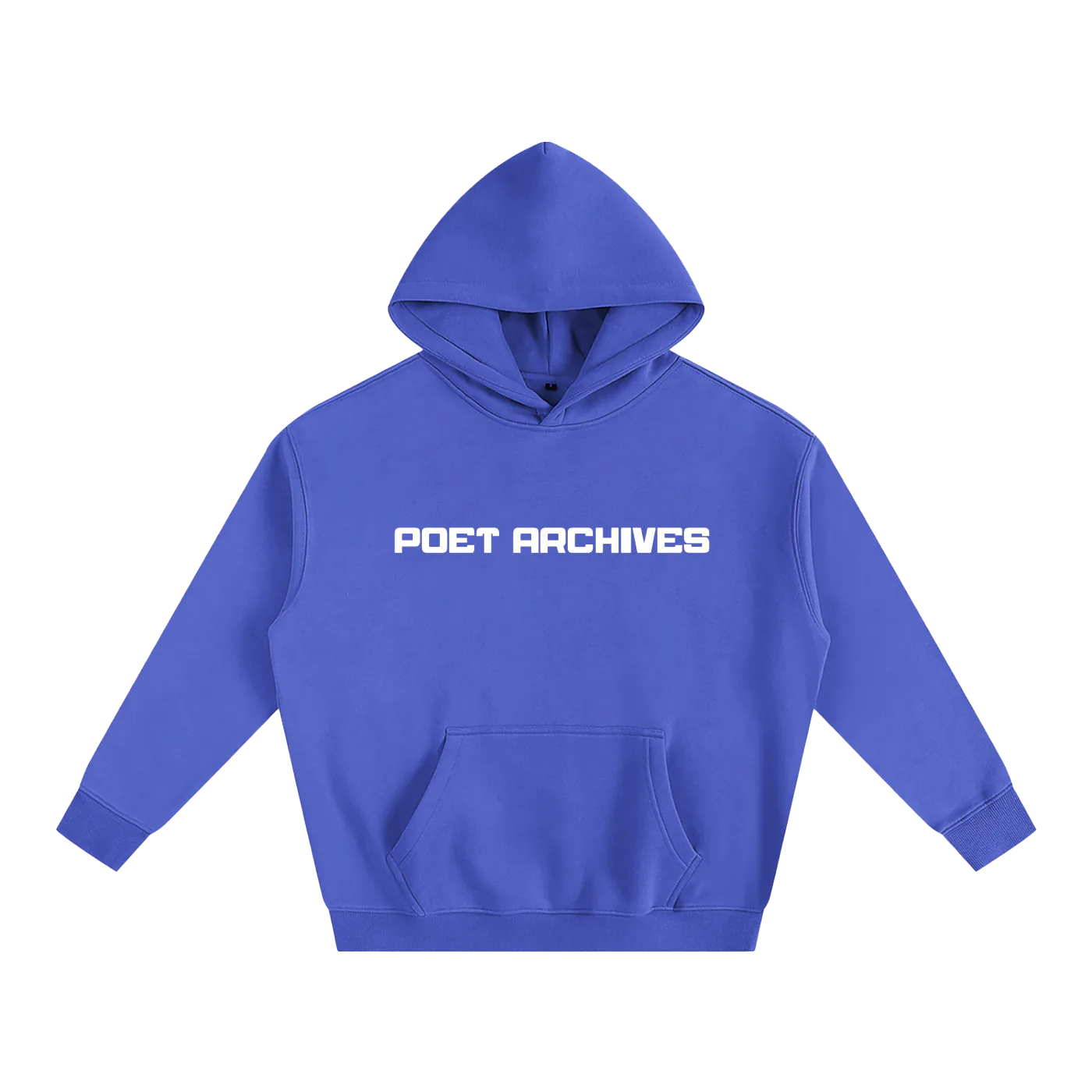 Blue hoodie with 'POET ARCHIVES' text on a white background