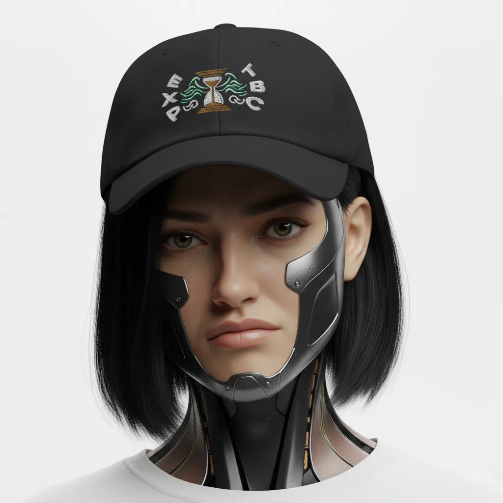 Person wearing a black cap with a logo and a futuristic helmet on a white background