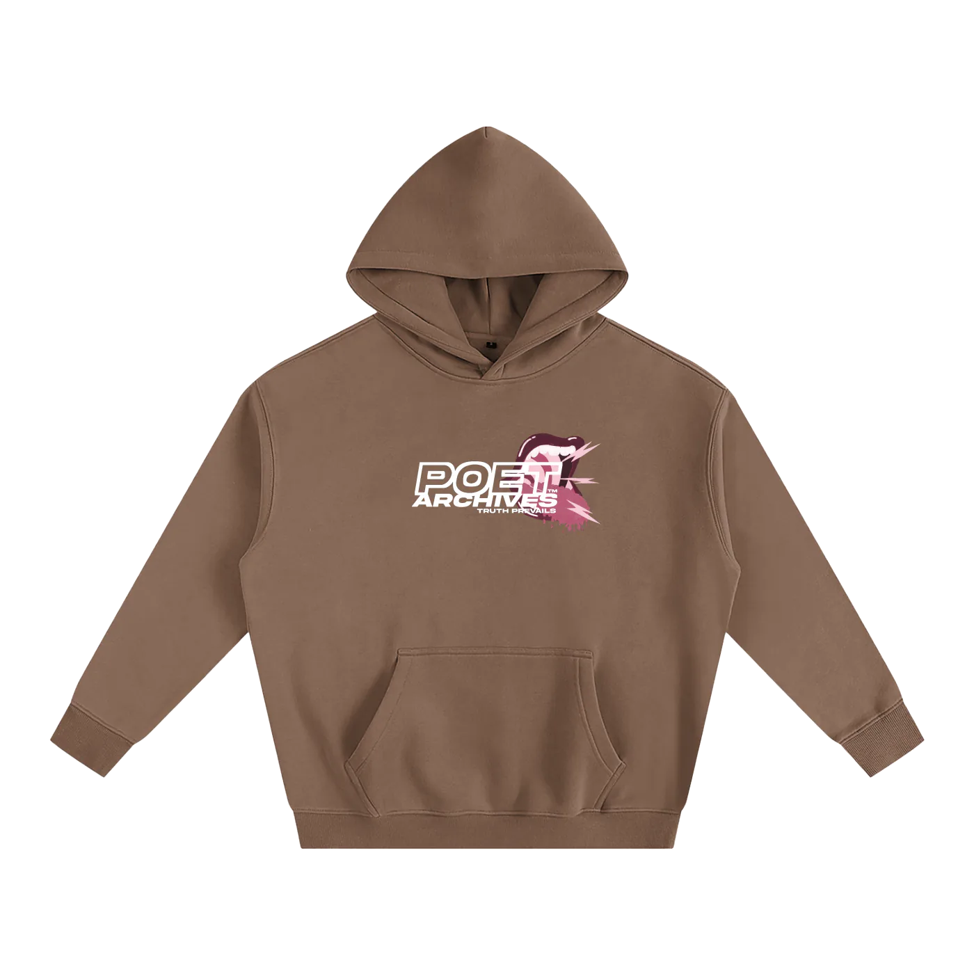 Brown hoodie with a logo on the chest against a white background