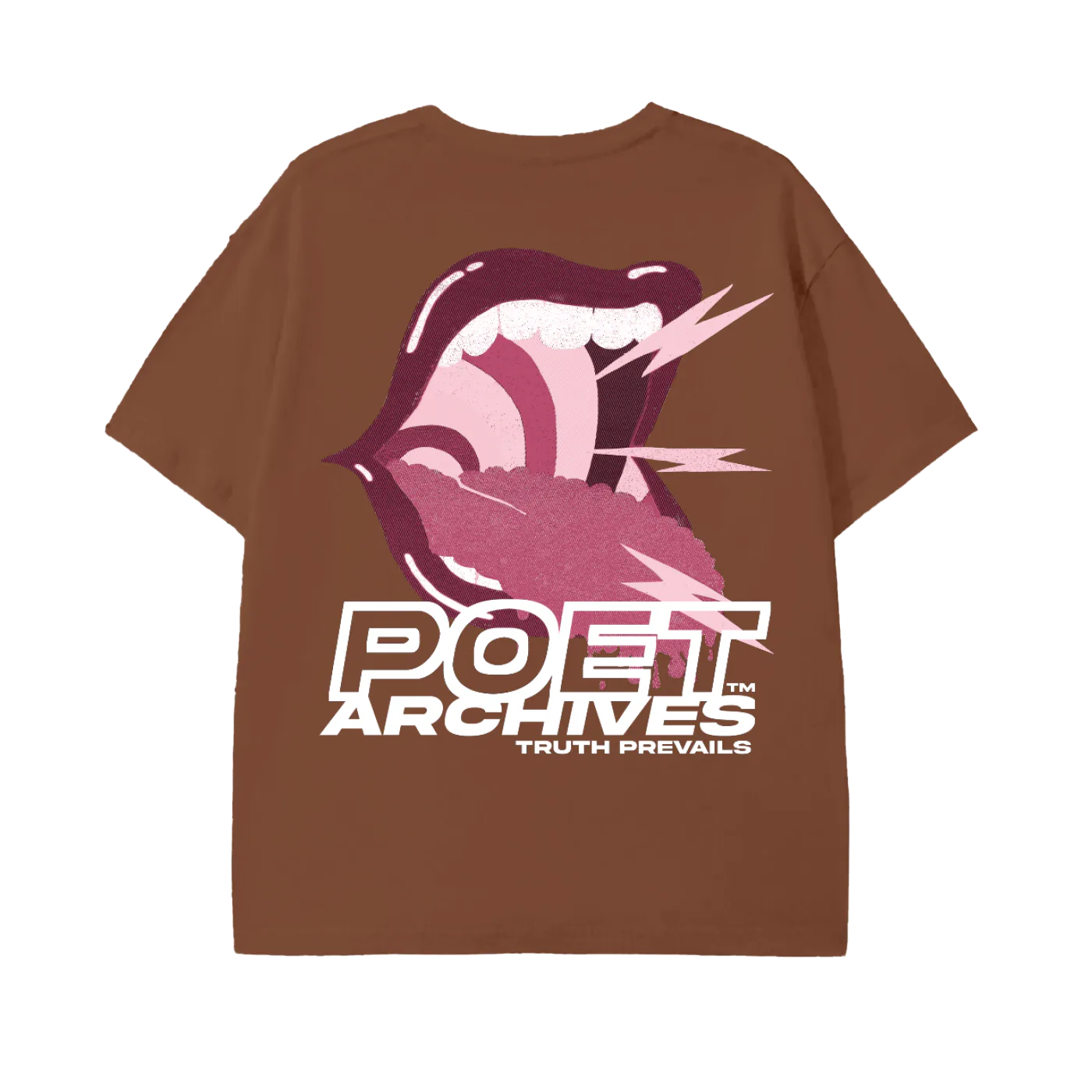Brown t-shirt with graphic design and 'Poet Archives' text on a white background