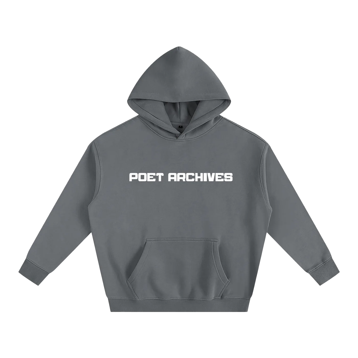 Gray hoodie with 'POET ARCHIVES' text on a white background