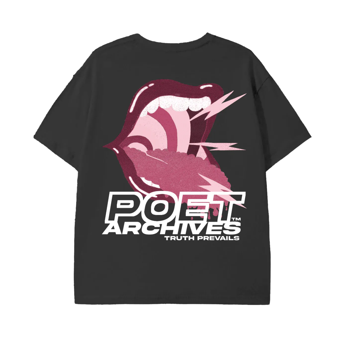 Black t-shirt with a graphic design and 'POET ARCHIVES' text on a white background