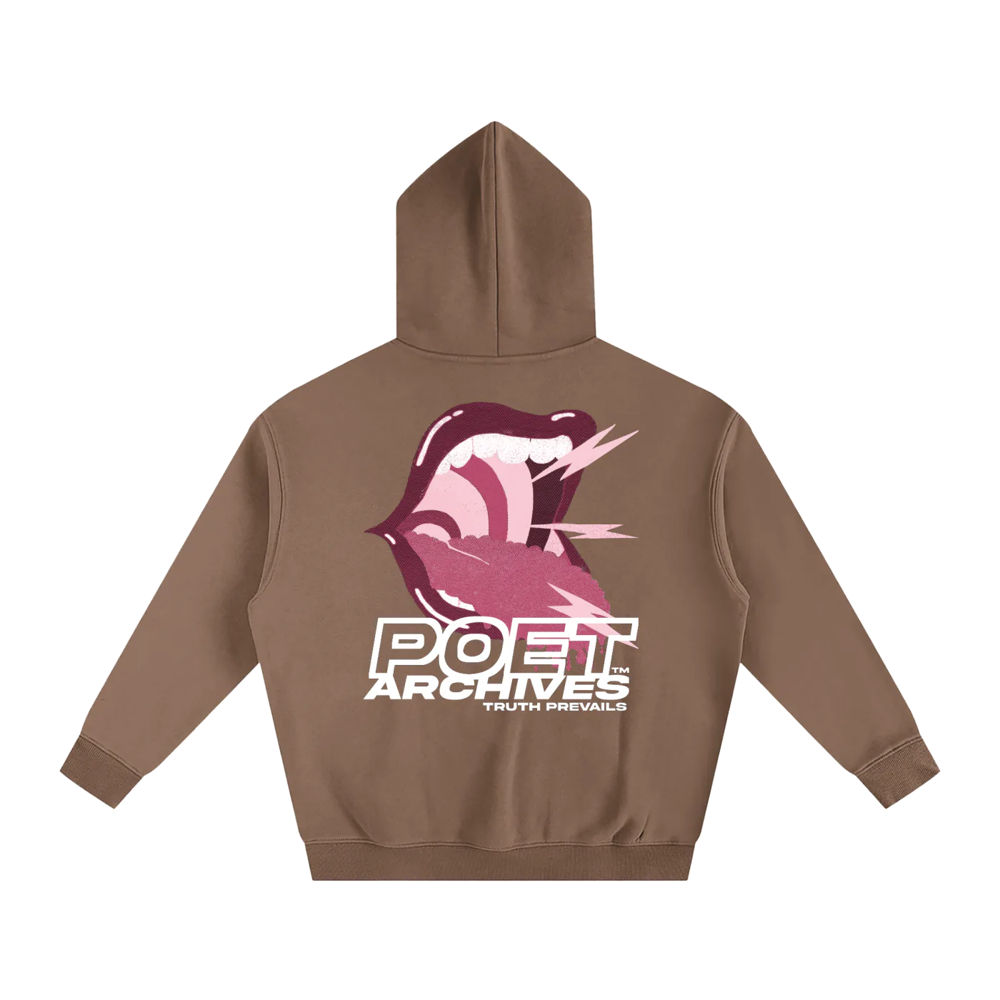 Brown hoodie with 'Poet Archives' logo on the back against a white background
