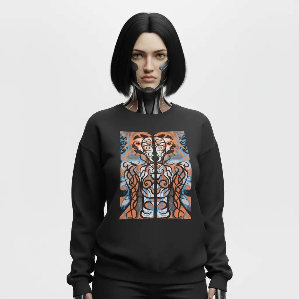 Person wearing a black sweatshirt with a colorful graphic design on a white background
