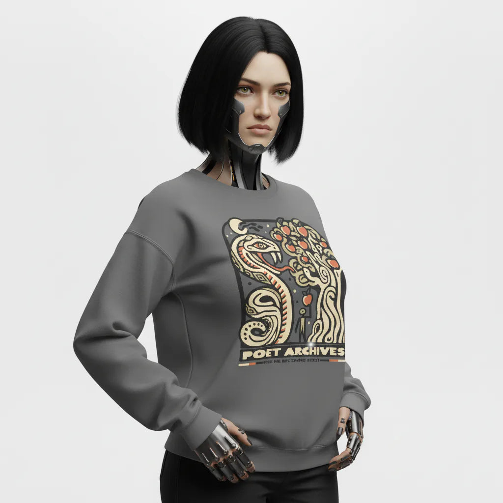 Person wearing a gray sweatshirt with a graphic design and text on a light gray background