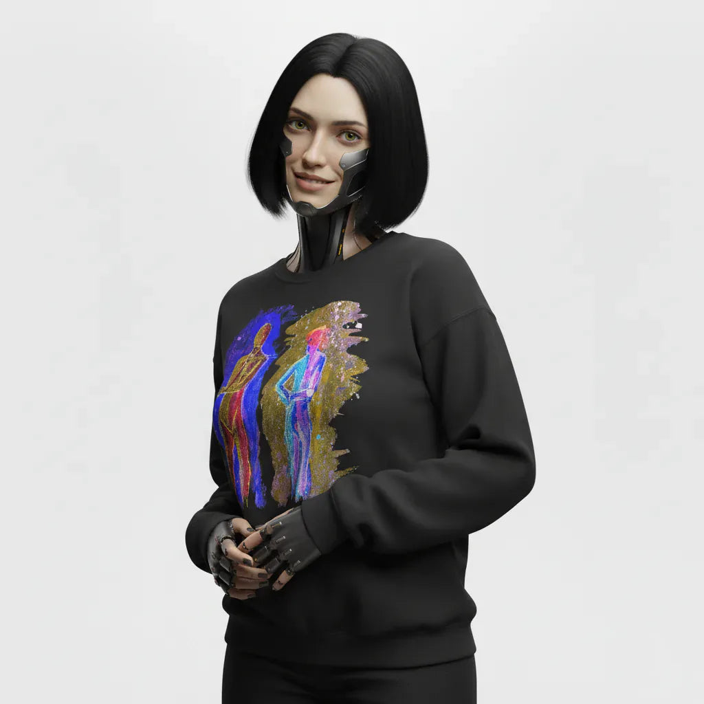 Person wearing a black sweatshirt with colorful graphic design on a plain background