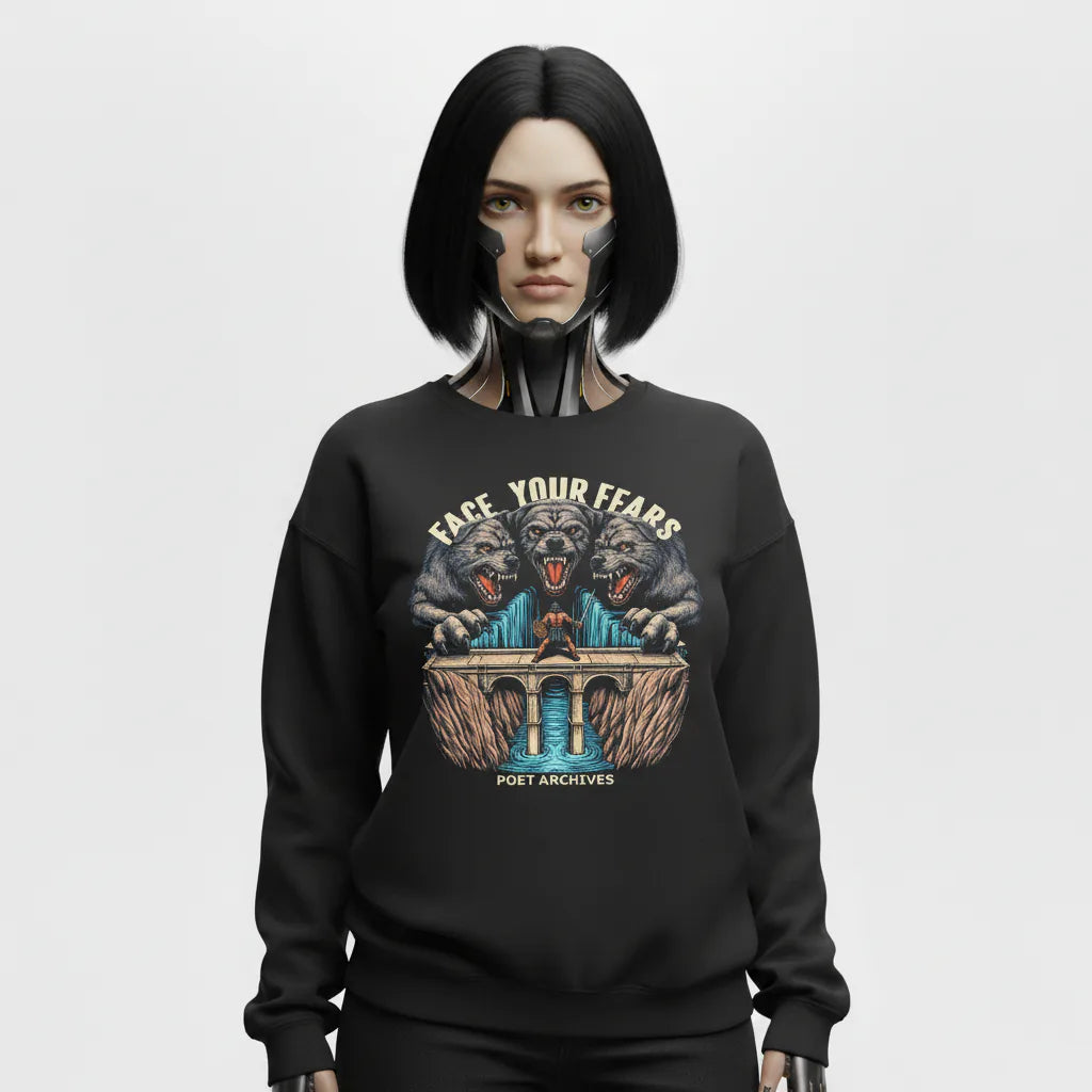 Person wearing a black sweatshirt with a graphic design and text on a white background
