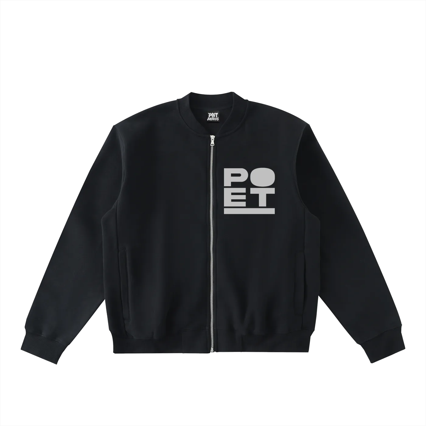 Black jacket with 'POET' logo on a white background