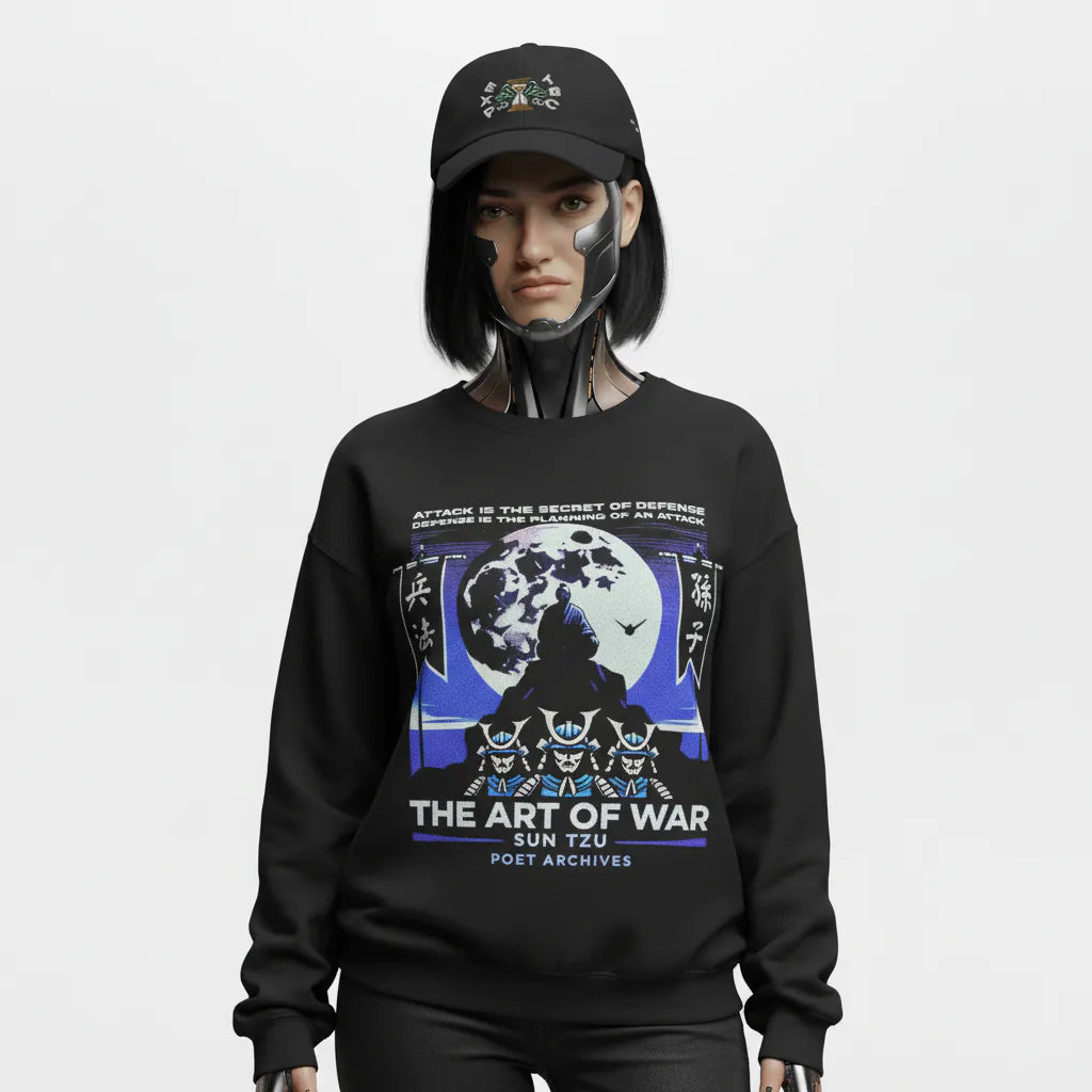 Person wearing a black sweatshirt with 'The Art of War' design and a cap.