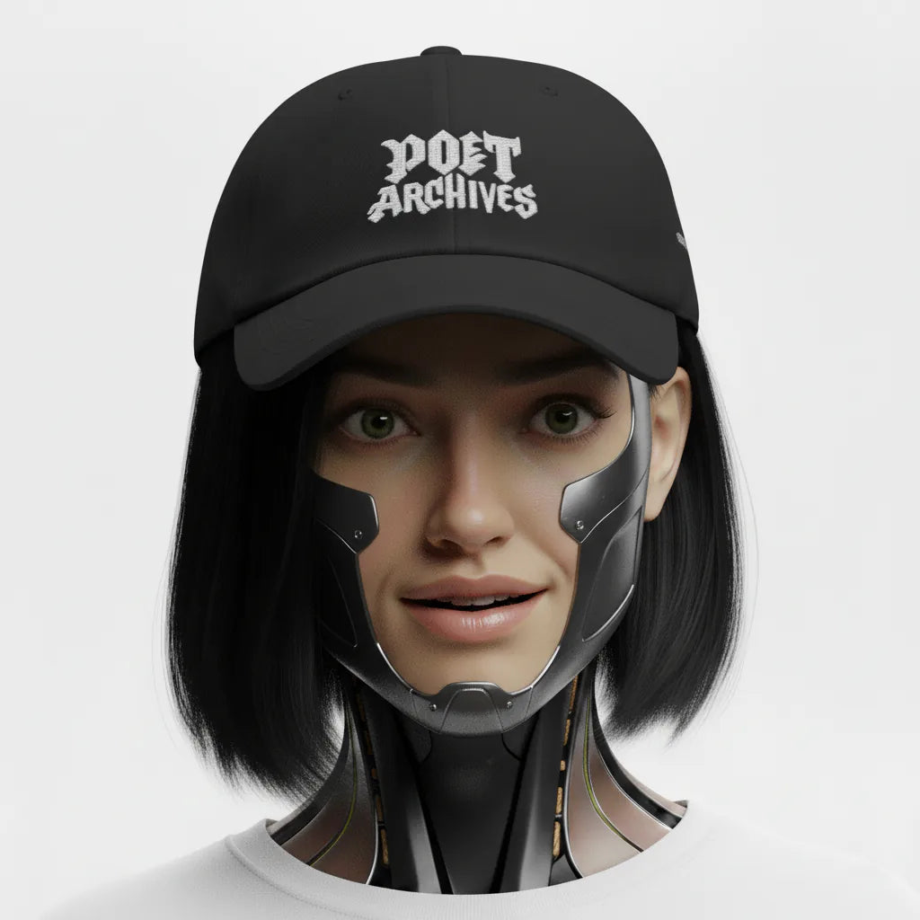 Person wearing a black cap with 'POET ARCHIVES' text and a futuristic helmet on a white background