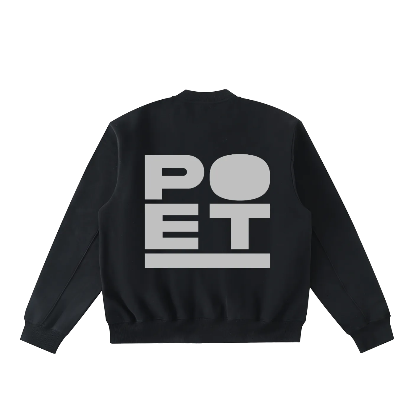 Black sweatshirt with 'POET' printed on the back against a white background