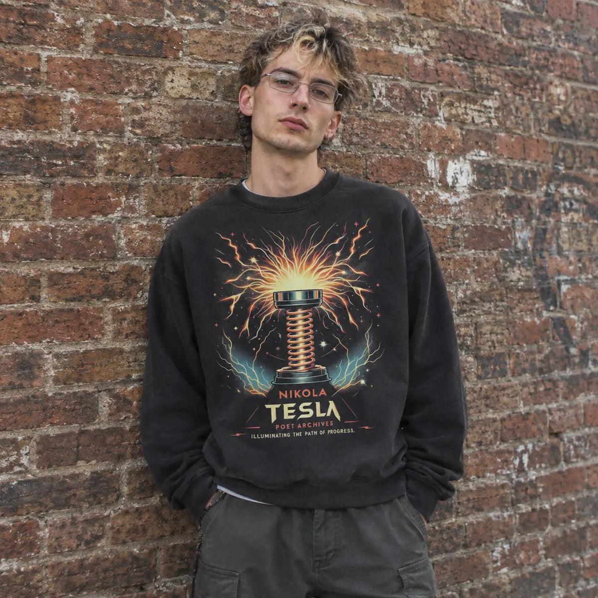 Nikola Tesla Sweatshirt worn by a model, featuring the print 'Illuminates the Path of Progress', from Poet Archives