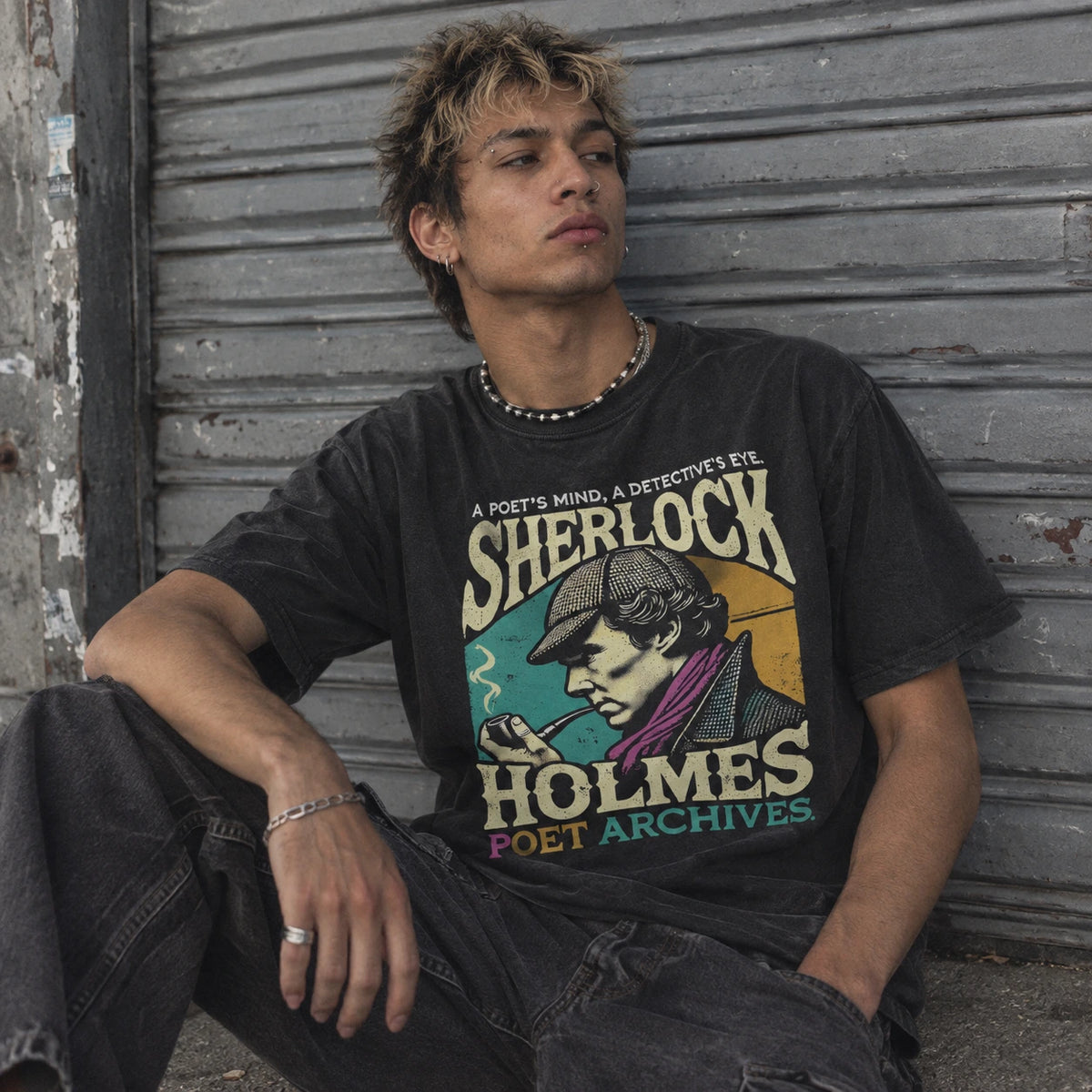 A man wearing a black graphic t-shirt with a vintage-style print of Sherlock Holmes, sitting against a gray metal shutter.