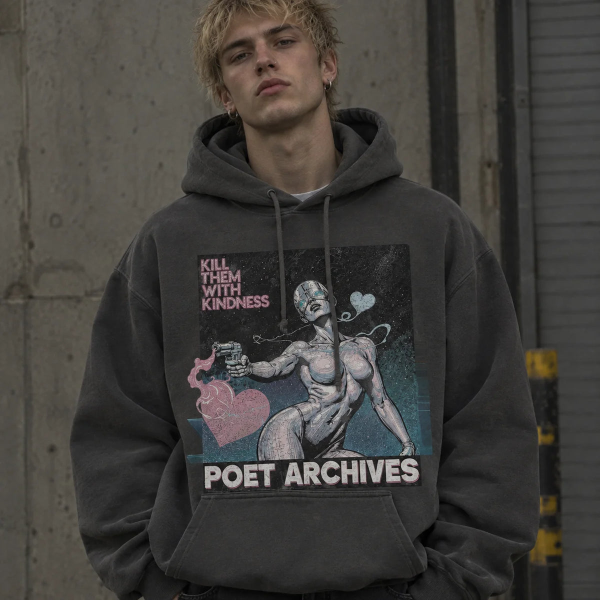 Kill Them With Kindness Hoodie displayed at another angle, from Poet Archives