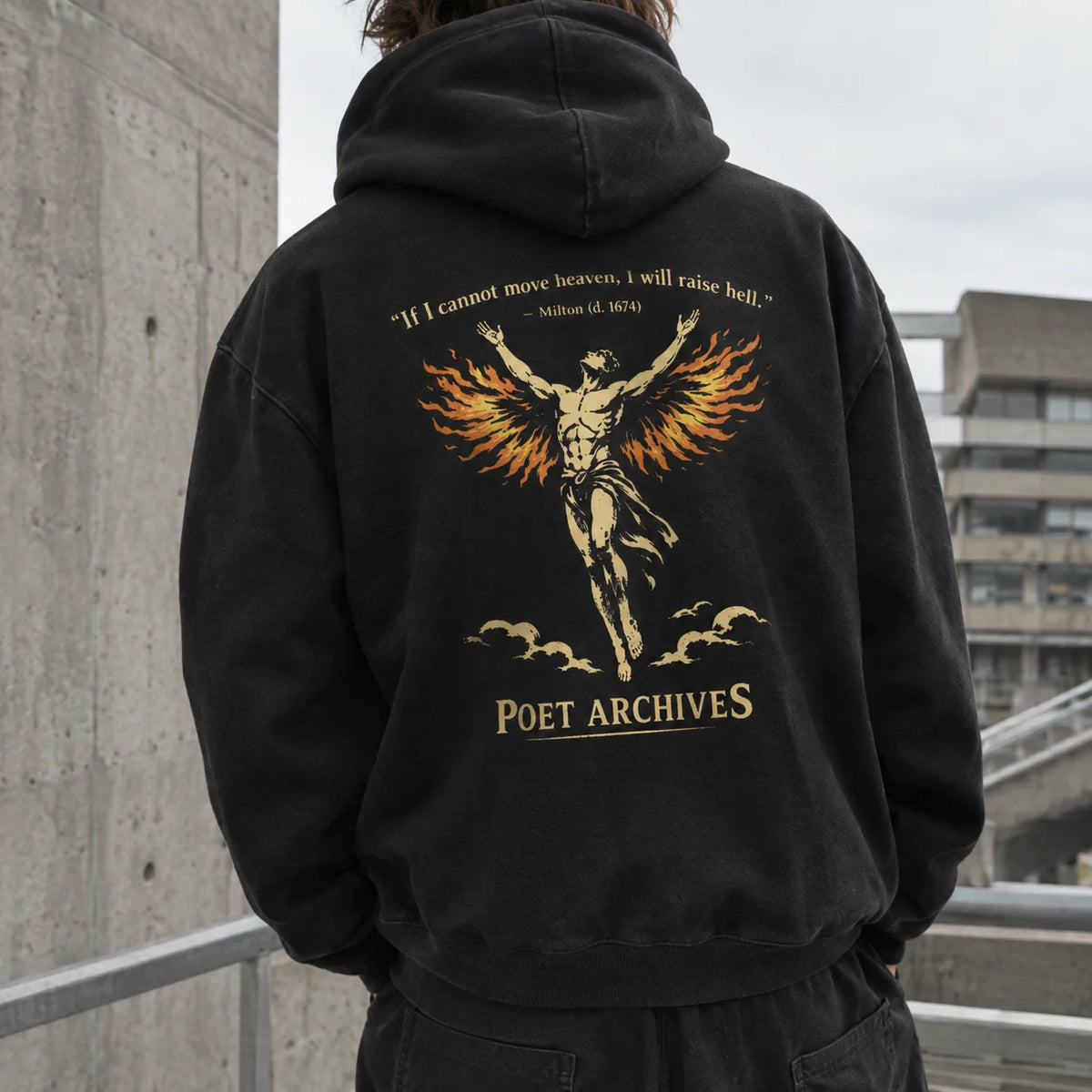 A person viewed from behind wearing a black hoodie with a large back graphic. The design shows a winged figure in gold and orange tones, a quote attributed to Milton, and the text 'POET ARCHIVES' in gold.