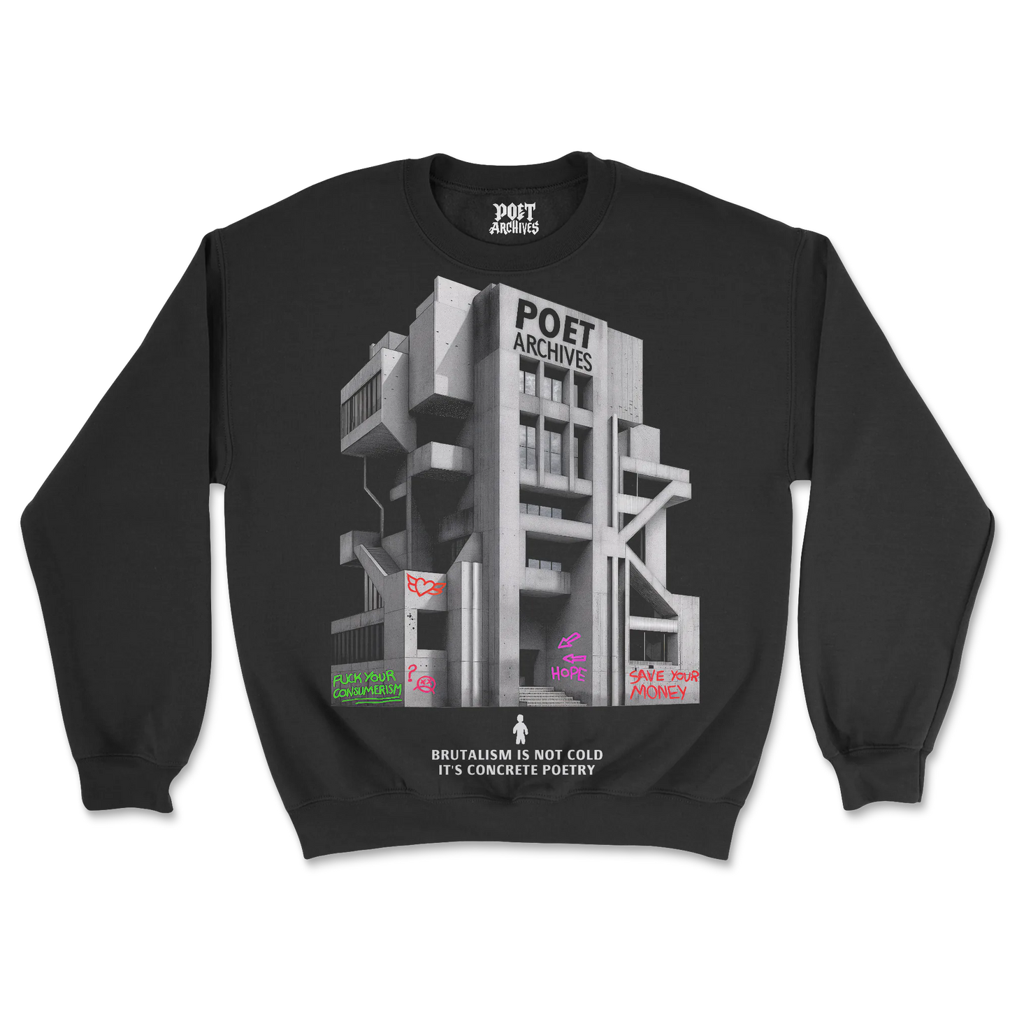 POET ARCHIVES Brutalist Sweatshirt (Black) — engraved lettering, stencil graffiti, reflective windows, bold thick outline, brutalist monolith design, unisex heavy cotton crewneck jumper