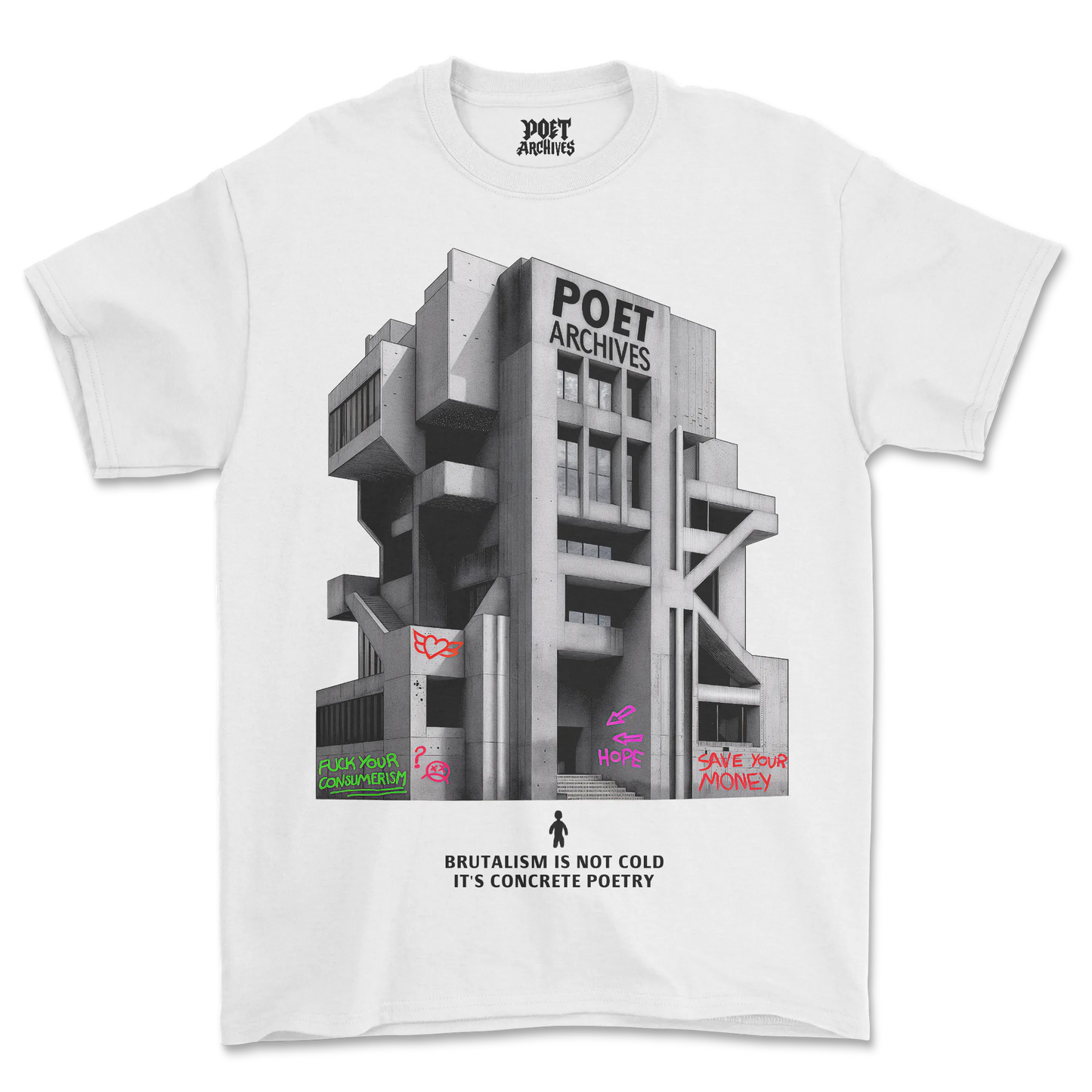 POET ARCHIVES Brutalist Tee (White) — concrete poetry screen-print, engraved lettering carved into facade, bold outlines, stencil graffiti accents, reflective windows, clear stairs, unisex heavy-cotton graphic tee
