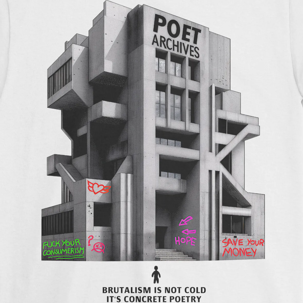 White t-shirt with a graphic of a brutalist building and text on a white background