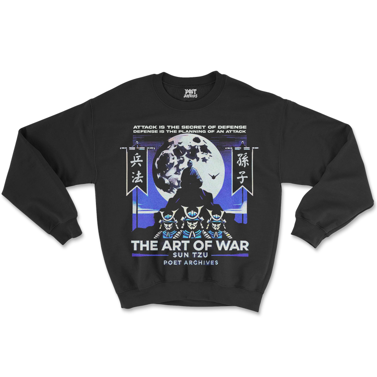 A navy sweatshirt with a graphic print of a moon, sun, and text related to 'The Art of War' by Sun Tzu.