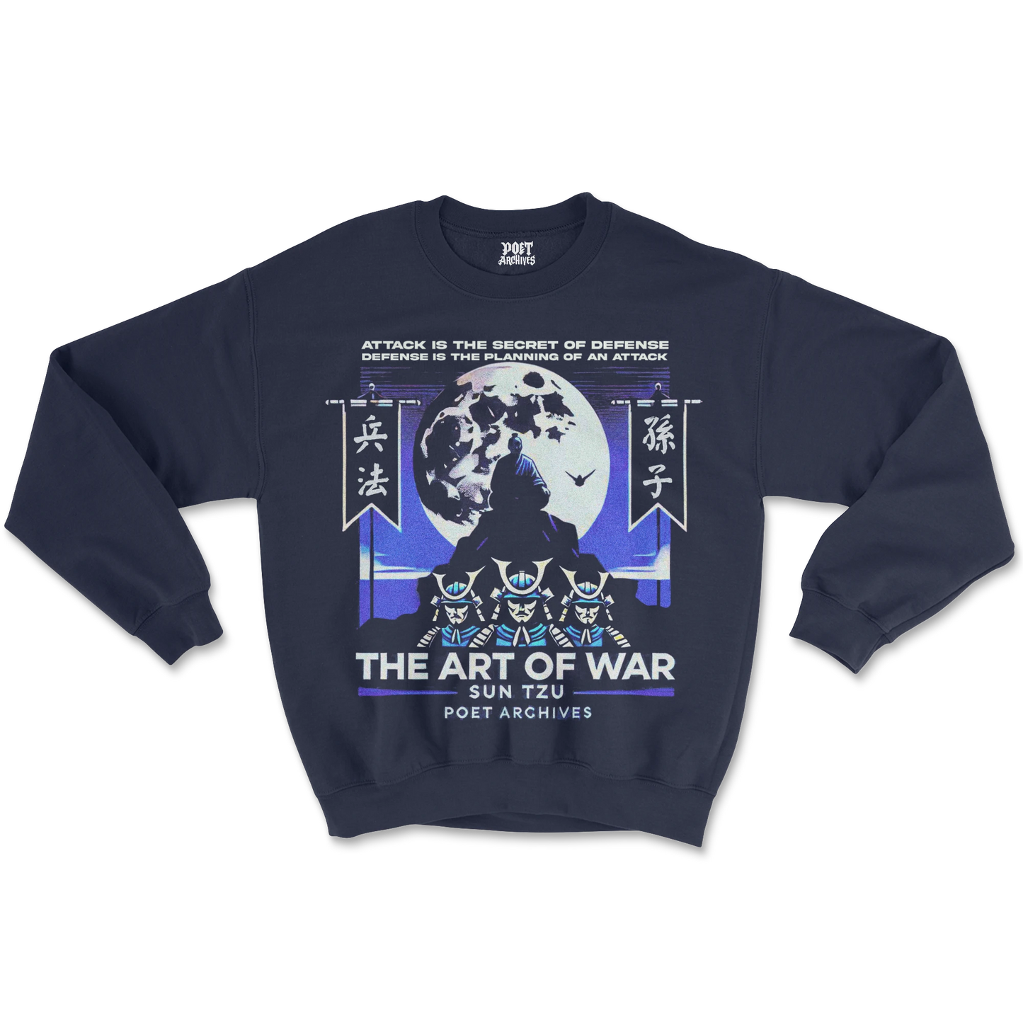A navy sweatshirt with a graphic print of a moon, sun, and text related to 'The Art of War' by Sun Tzu.