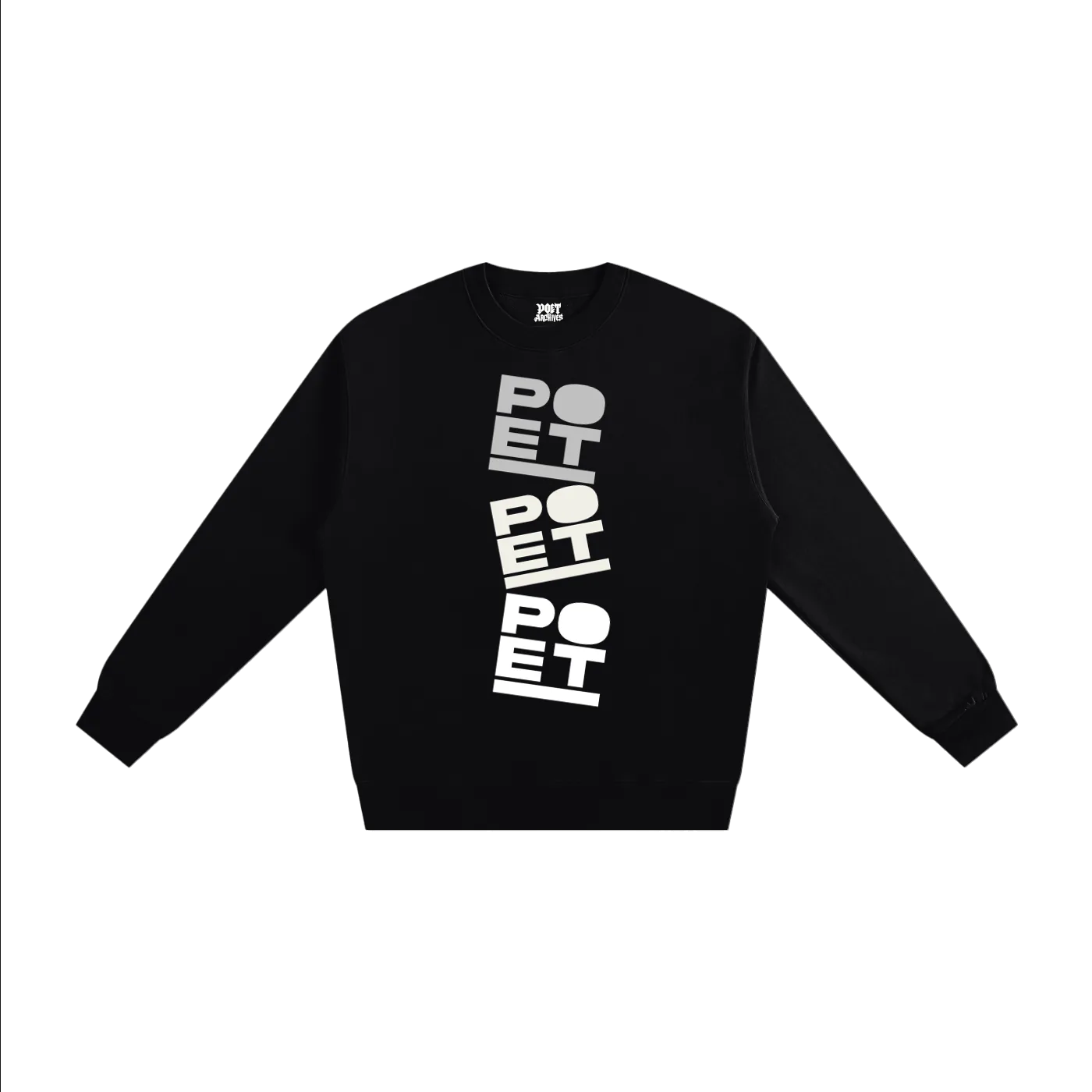Black sweatshirt with 'POET' text on a white background