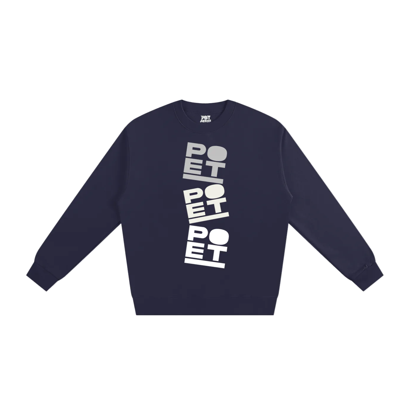Navy blue sweatshirt with white text on a white background