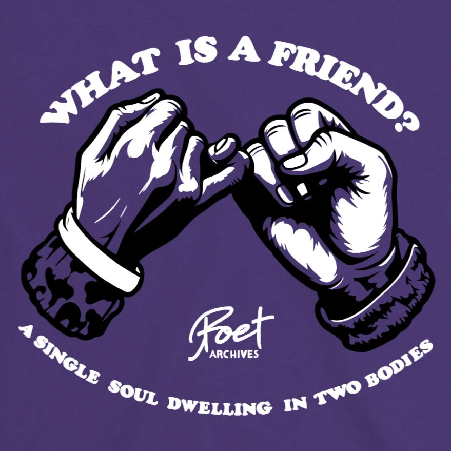 Close-up of the pinky-promise graphic and Aristotle quote printed on a purple t-shirt, from Poet Archives