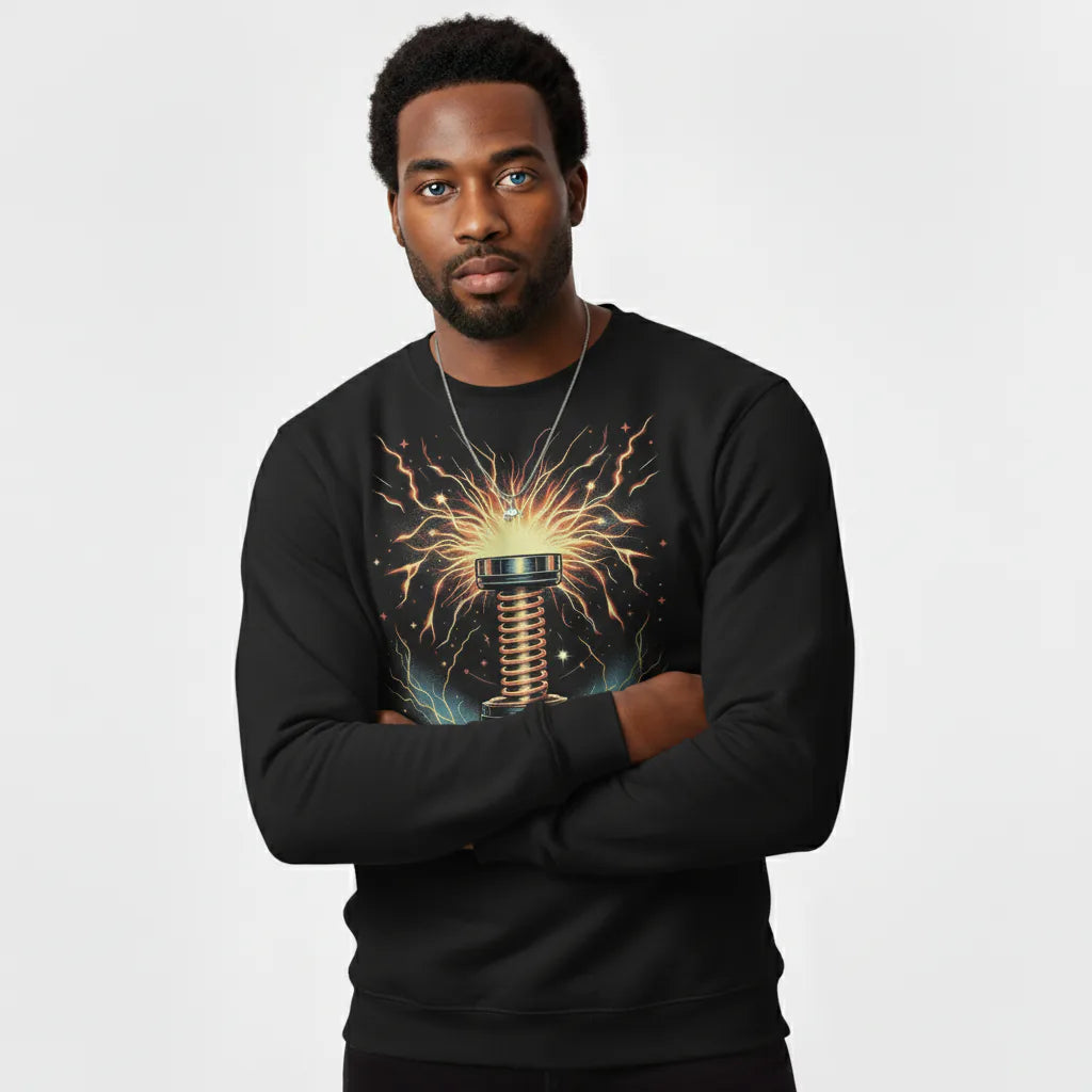 Man wearing a black sweatshirt with a graphic design on a plain background