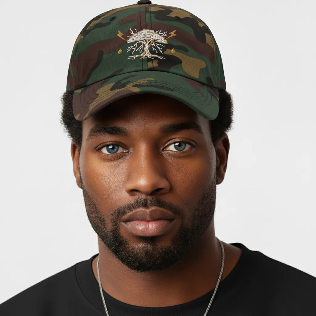 Man wearing a camouflage cap with a logo on a plain background