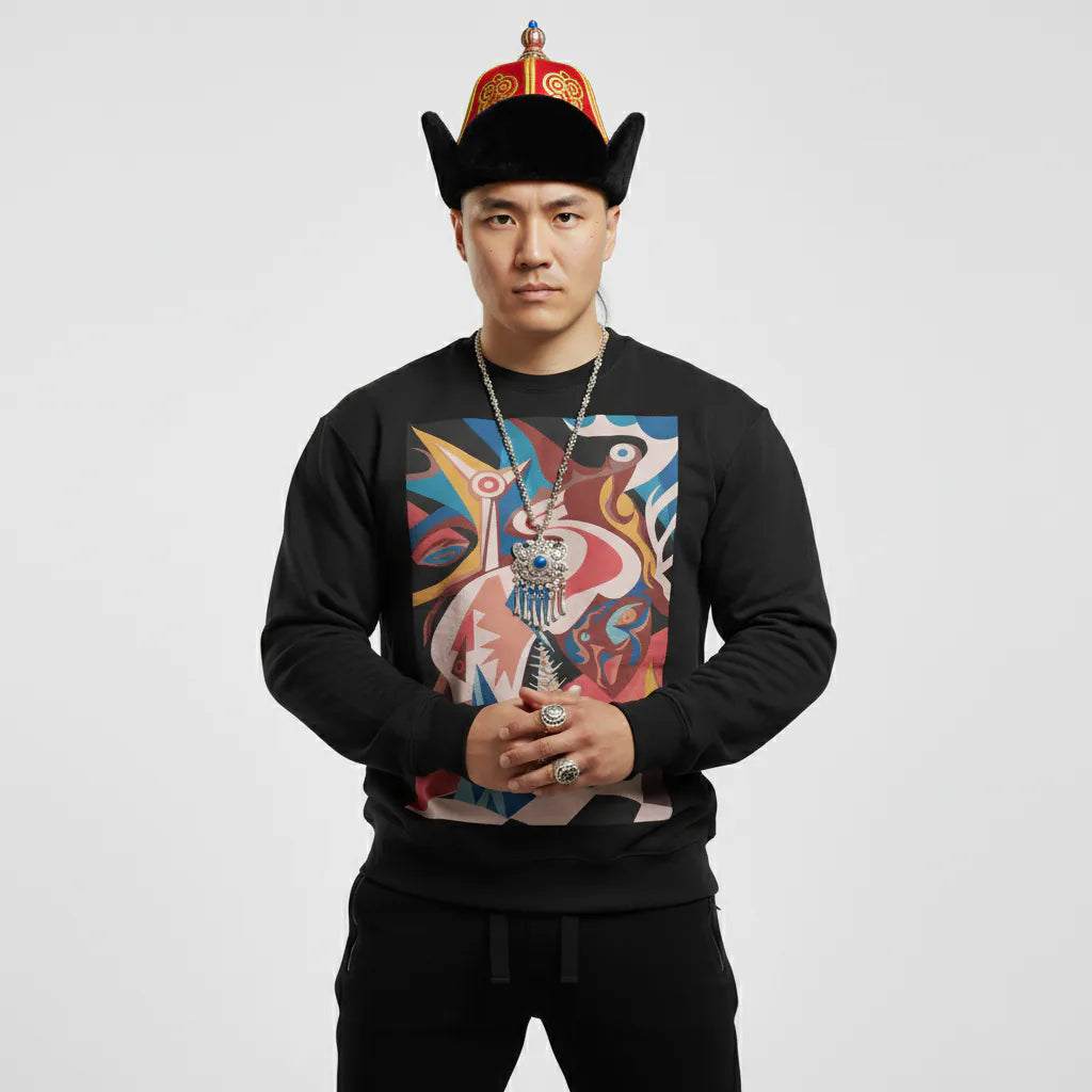 Person wearing a black sweatshirt with a colorful graphic design on a plain background