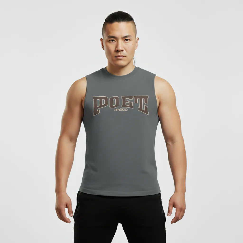Man wearing a gray sleeveless shirt with 'POET' branding on a white background