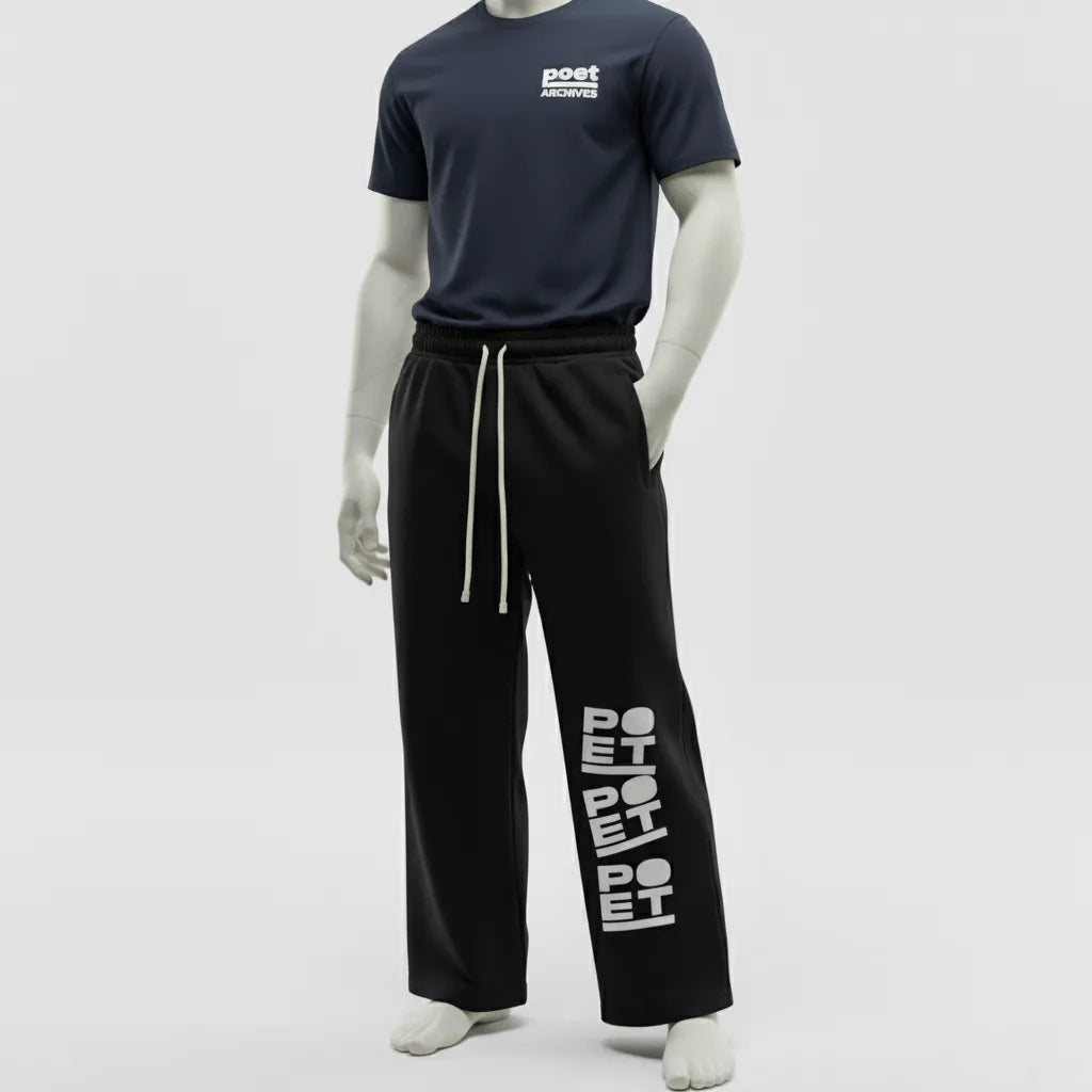 Mannequin wearing black t-shirt and pants with 'poet' branding on a white background