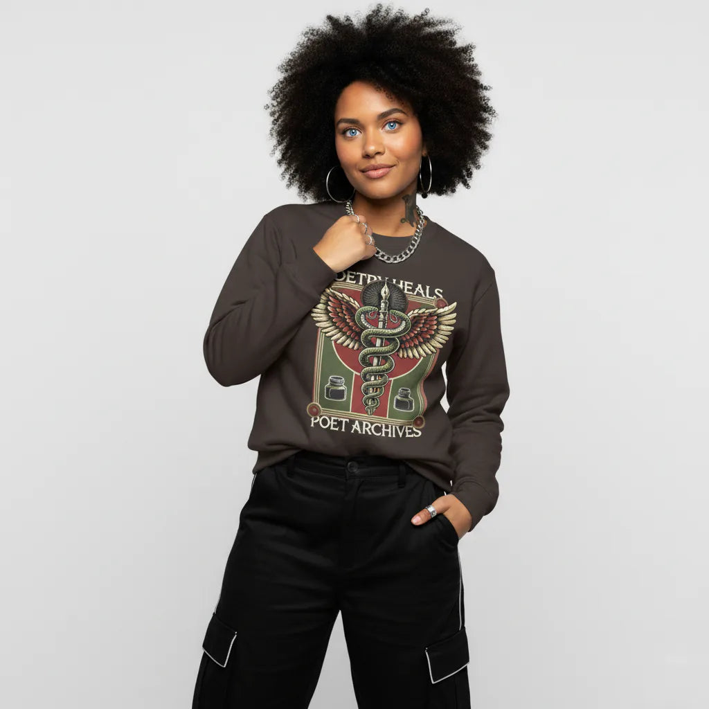 Person wearing a dark brown sweatshirt with graphic design on a light gray background